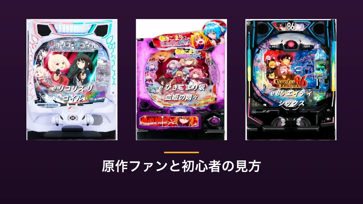 アニメ作品を題材にしたパチンコ実機3台を横に並べた画像