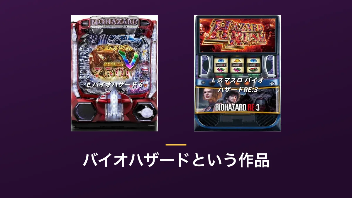 「バイオハザードという作品」の見出し画像。紫色の背景にe バイオハザード 6・L スマスロ バイオハザードRE:3の筐体画像2点が横に並んでいる