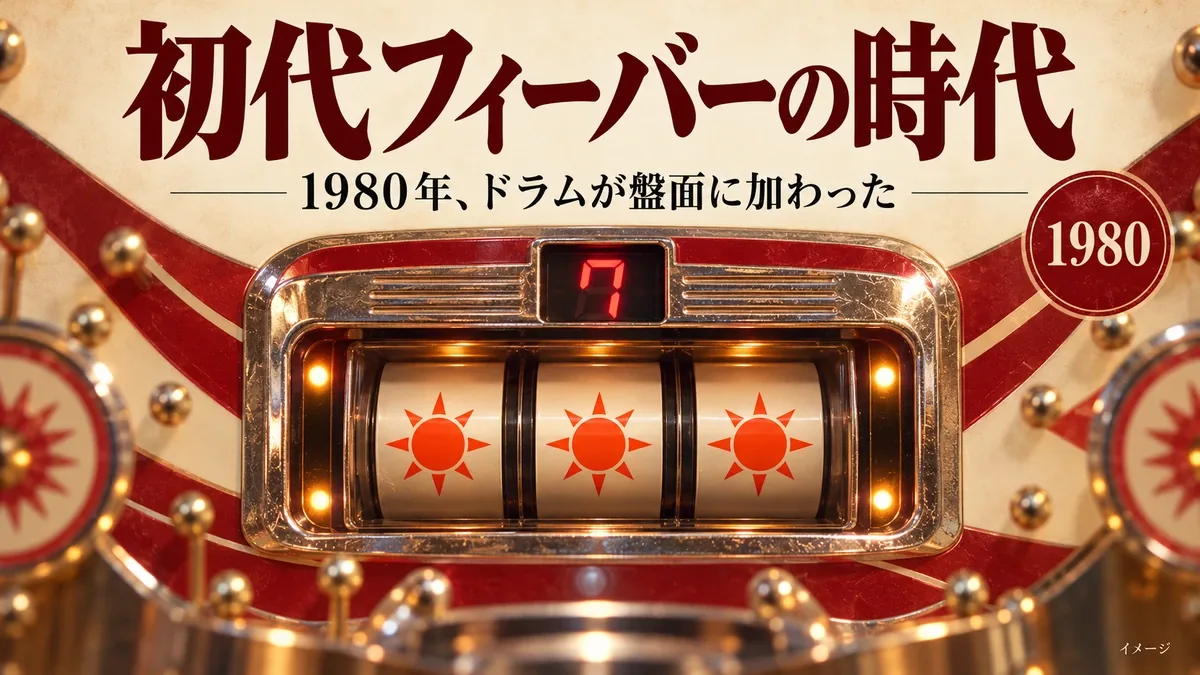 太陽の図柄が並ぶ三つのドラムと上部の赤い7を描いたイメージ。「初代フィーバーの時代」「1980」の文字がある。