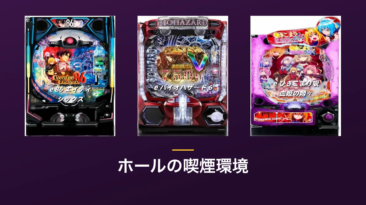 「ホールの喫煙環境」の見出し画像。紫色の背景にe 86 エイティシックス・e バイオハザード 6・e ひきこまり吸血姫の悶々の筐体画像3点が横に並んでいる