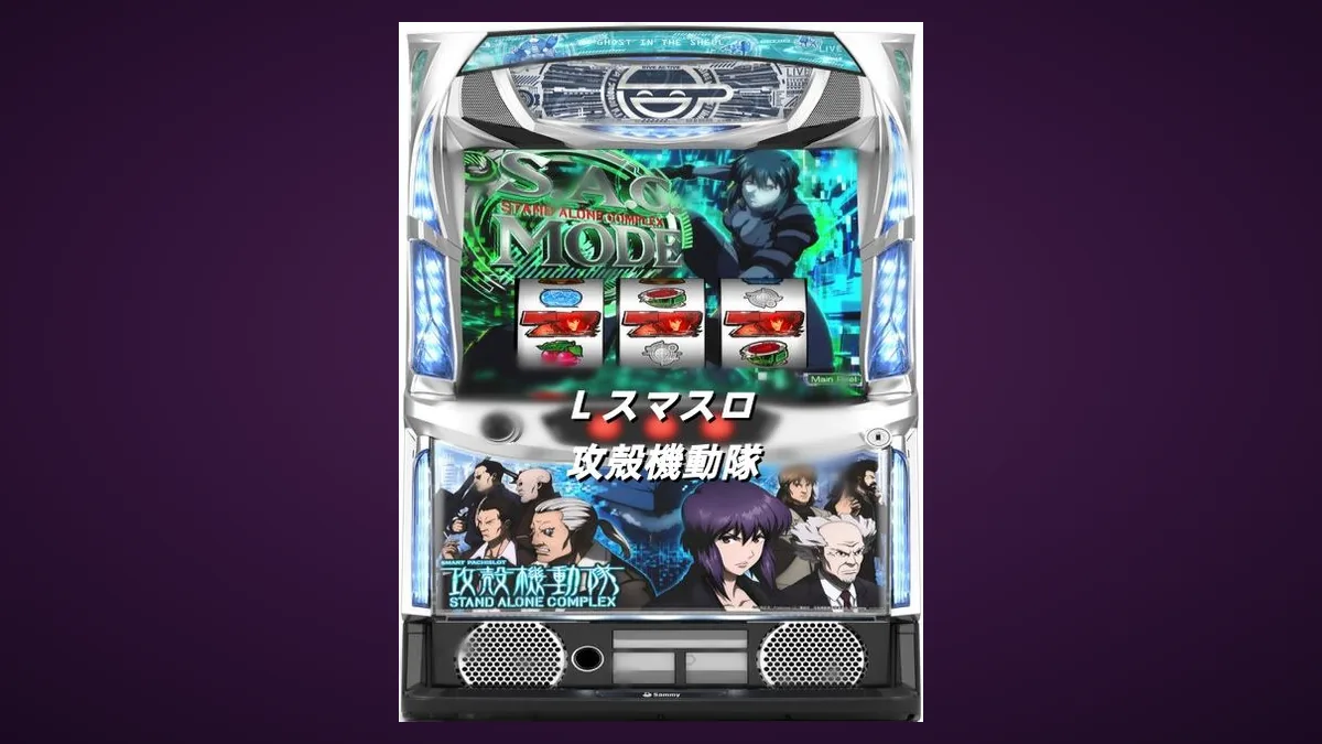 L スマスロ攻殻機動隊 のパチスロ実機画像。上部に大型液晶、中央に3つのリール、下部にキャラクターが並ぶ筐体