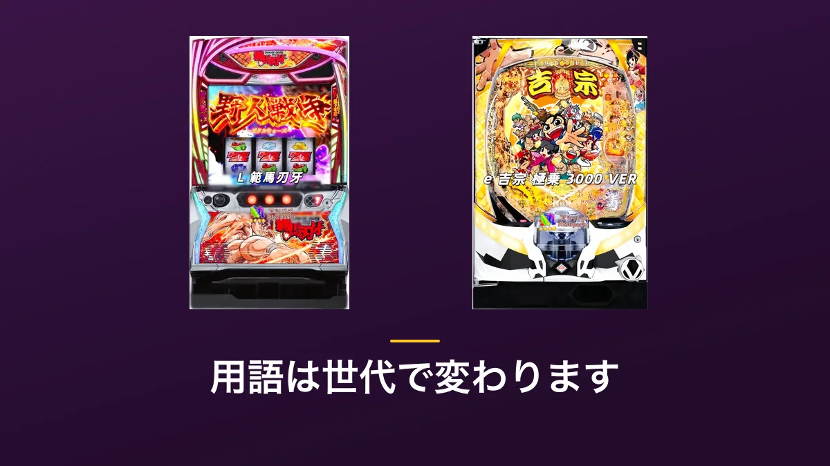 「用語は世代で変わります」の見出し画像。紫色の背景にL 範馬刃牙・e 吉宗 極乗3000 VERの筐体画像2点が横に並んでいる